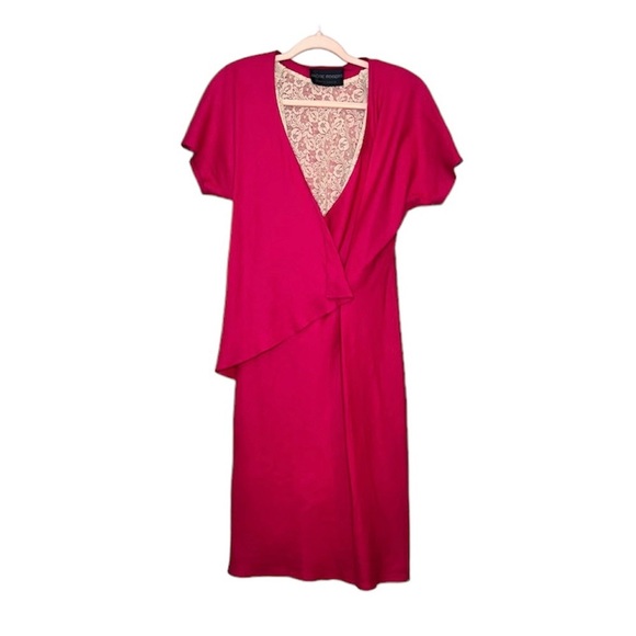 Vintage Pink V Neck Button Front Midi 100% Linen Dress Lace Slip Lining Large - Picture 1 of 15